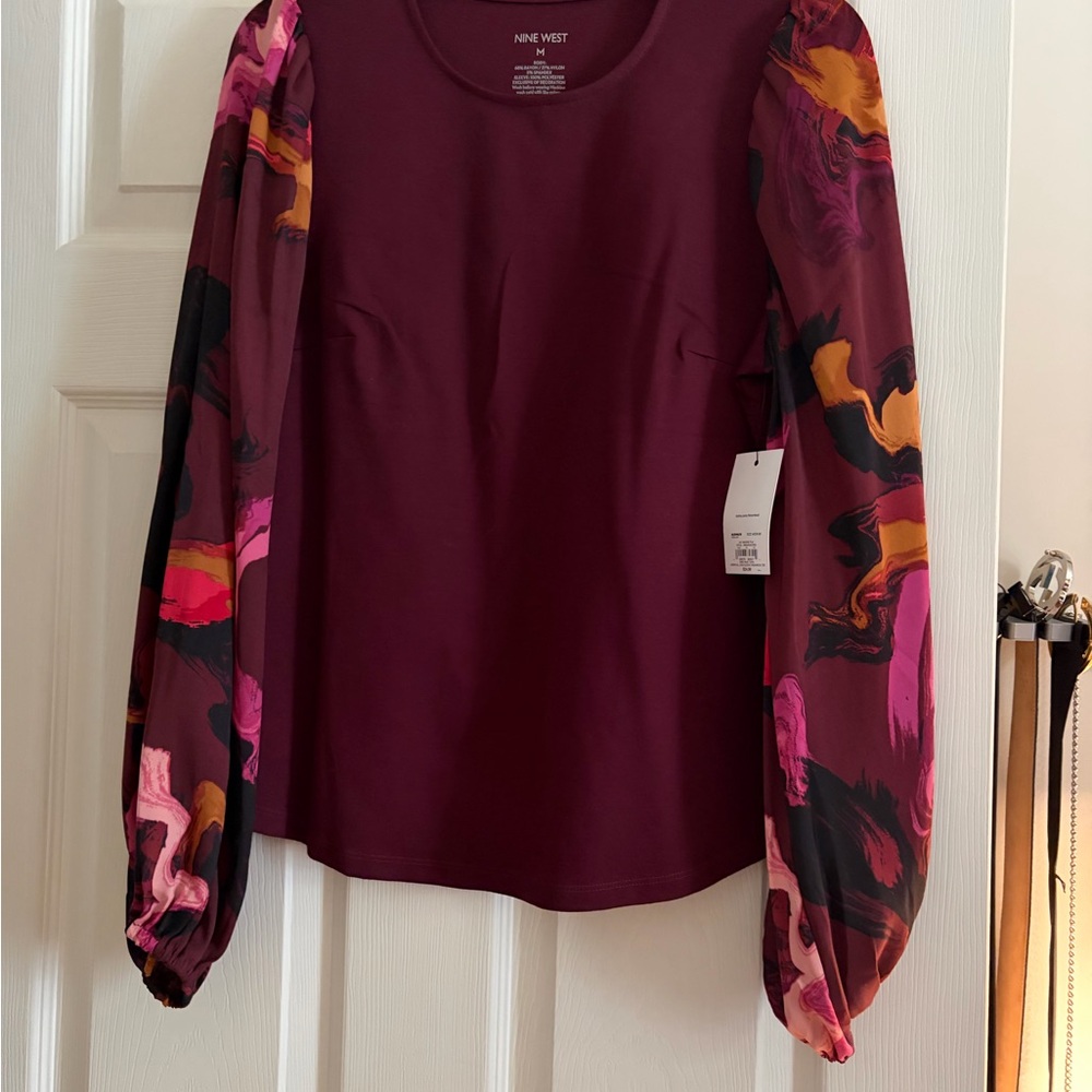 Nine West Burgundy Top with Colorful Sleeves